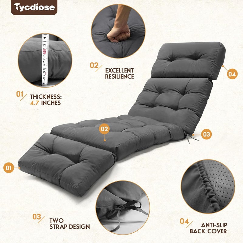 Tycdiose Outdoor Chaise Lounge Chair Cushion Waterproof 74.4 x 22 x 4.7 Inches Memory Foam Lounge Chair Cushions Replacement for Outdoor Furniture with Ties, Thickened Pool Lounge Chair Cushions, Grey - Image 5